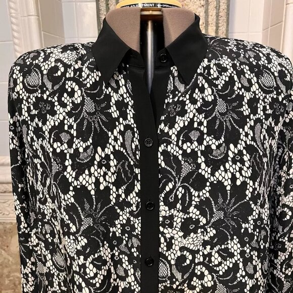 Go Silk. Sz 1X. $268. Border Lace Print. Black cream. Silk. Long Sleeve. LO - Picture 5 of 7